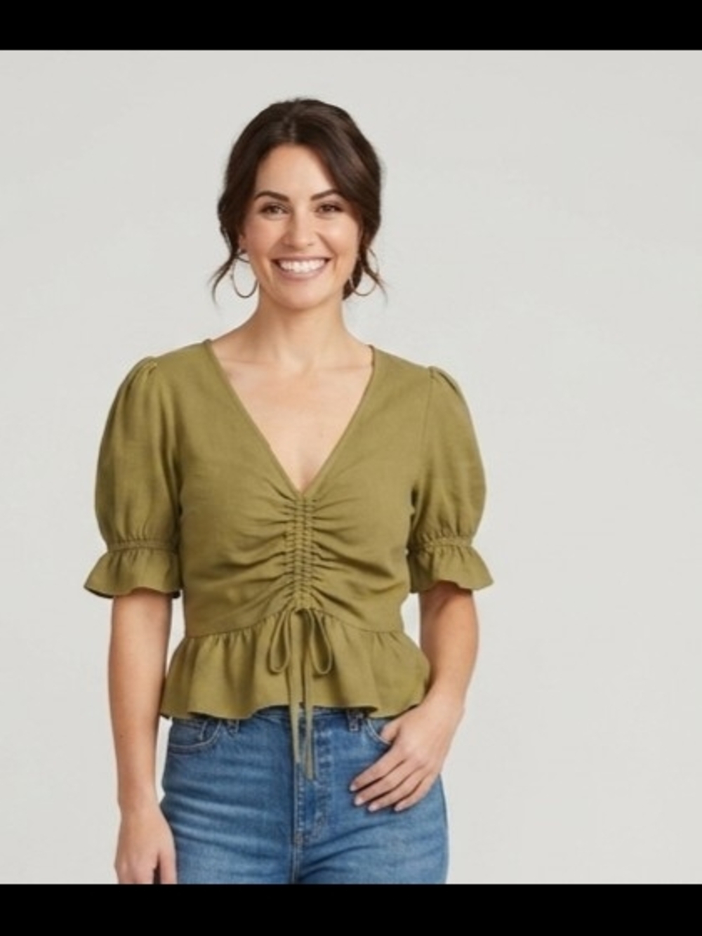 Topshop Olive Green Ruched V-Neck Peplum Blouse